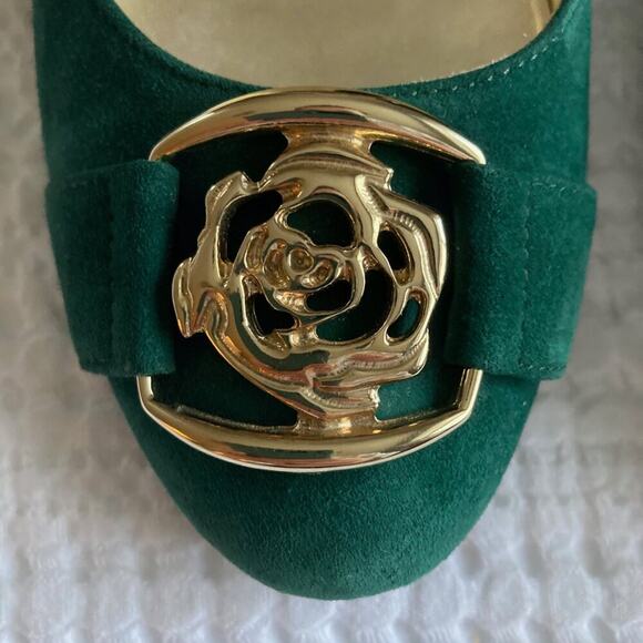 Taryn Rose Wedge Heel Kelly Green Suede Gold 6.5 Christmas Holiday Party Glam - Picture 7 of 12